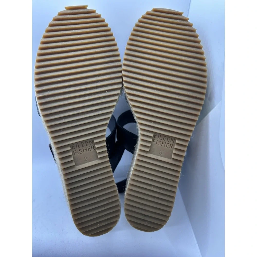 Eileen Fisher Winnie Black Leather Espadrille Wedge Platform Sandals Size 9‎